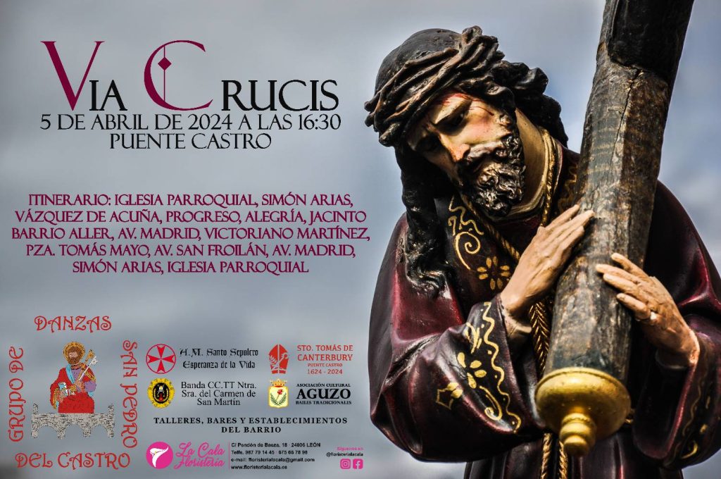 Cartel anunciador del Vía Crucis de Puente Castro con la imagen de una talla religiosa y textos informativos.