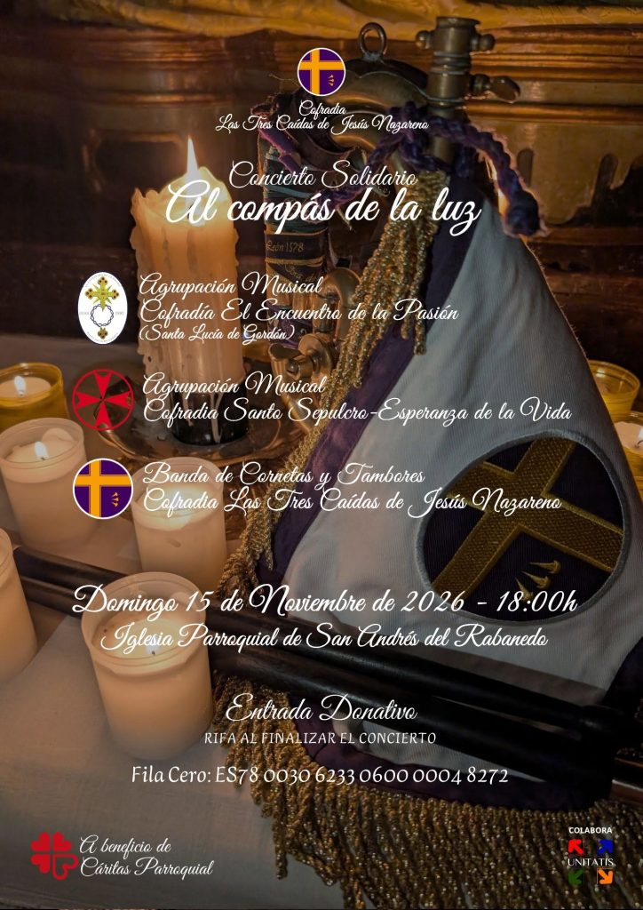 Cartel del concierto solidario Al compás de la luz con velas encendidas y elementos de cofradía