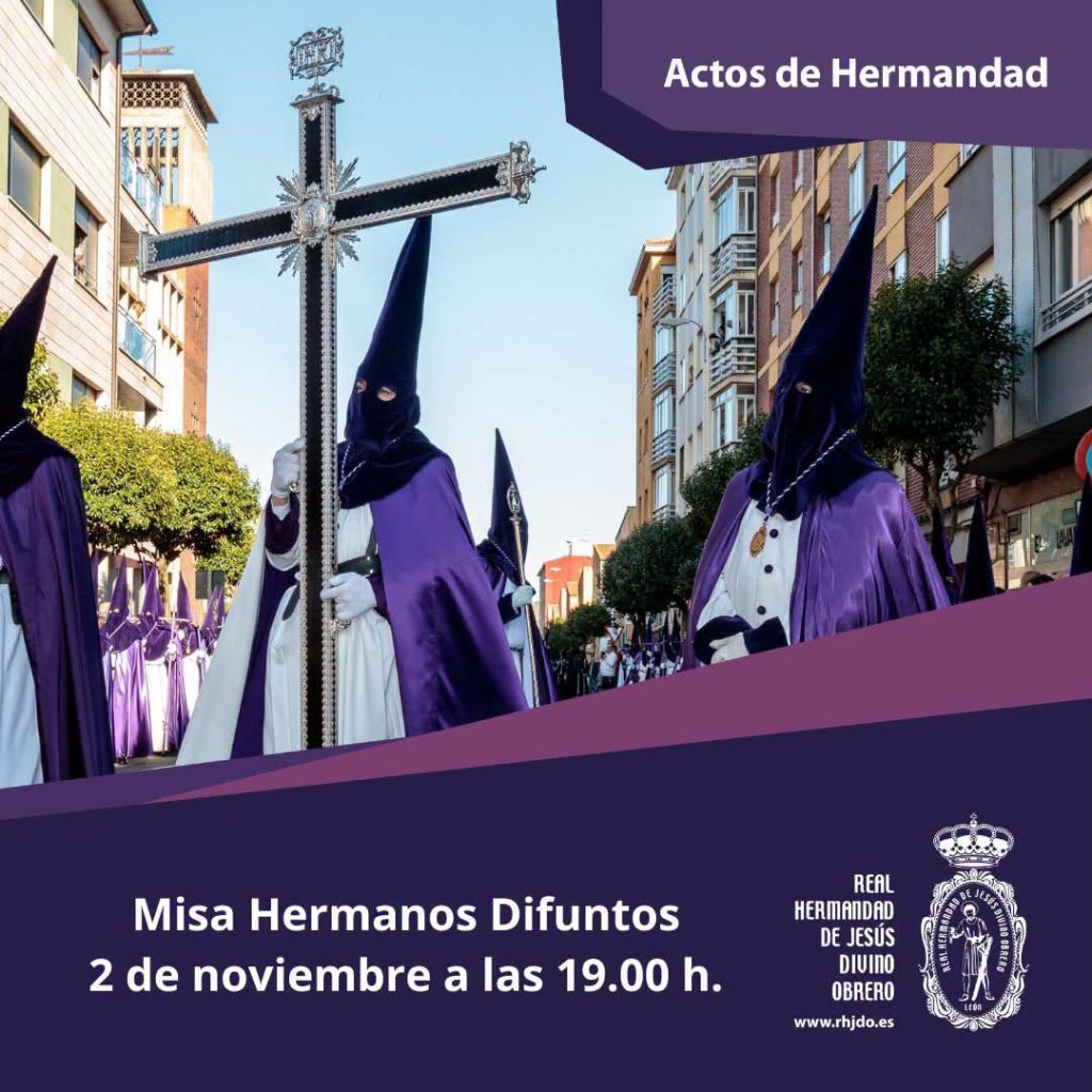 Cartel informativo sobre la misa por los hermanos difuntos de la hermandad de Jesús Divino Obrero de León