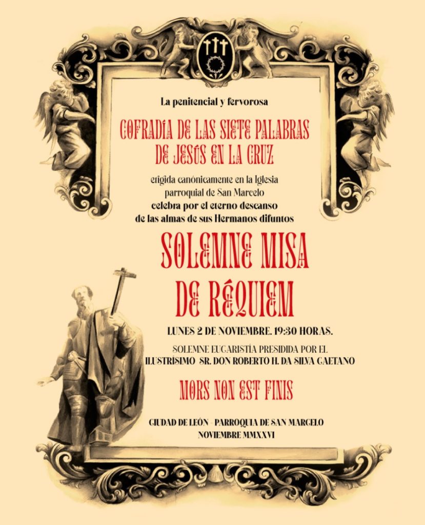Cartel informativo de la solemne misa de réquiem de la cofradía de las Siete Palabras en San Marcelo.