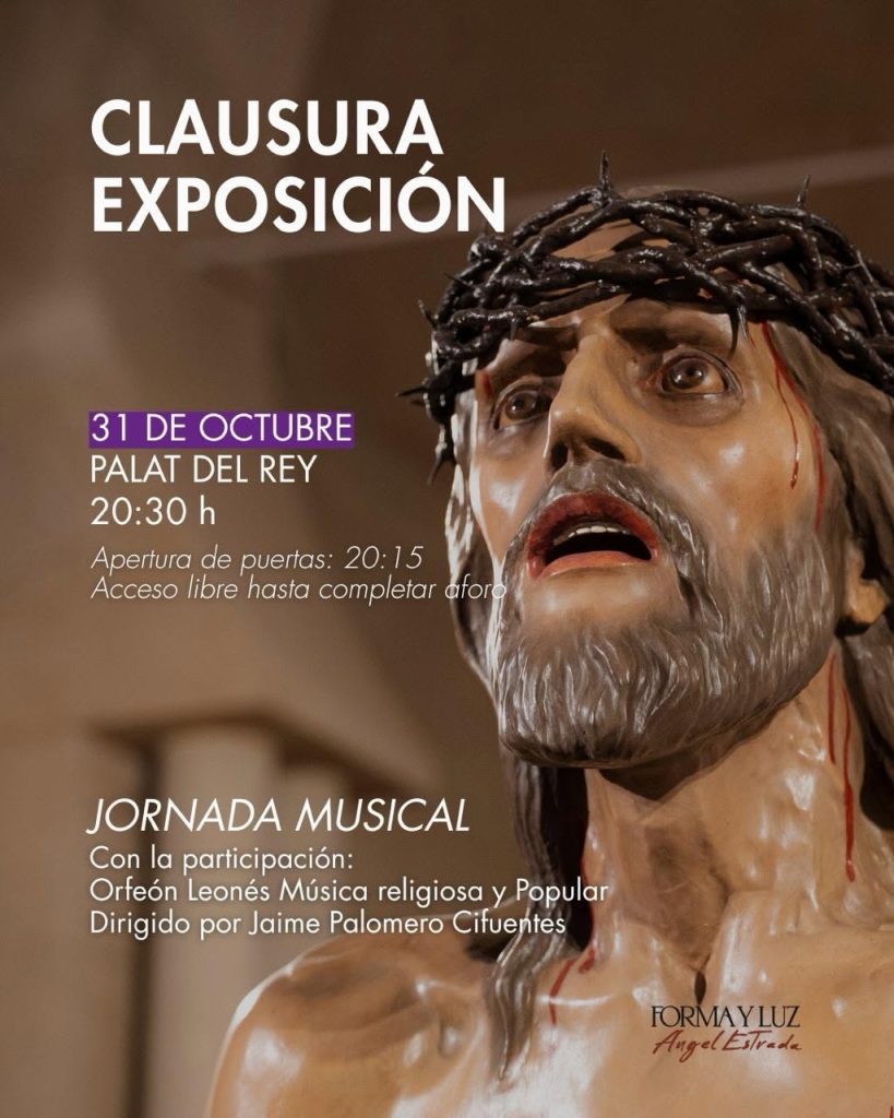 Cartel anunciador de la clausura de la exposición con la imagen de una talla religiosa y datos del evento musical.