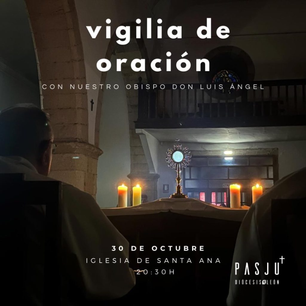 Cartel informativo de la vigilia de oración en la iglesia de Santa Ana con texto y velas