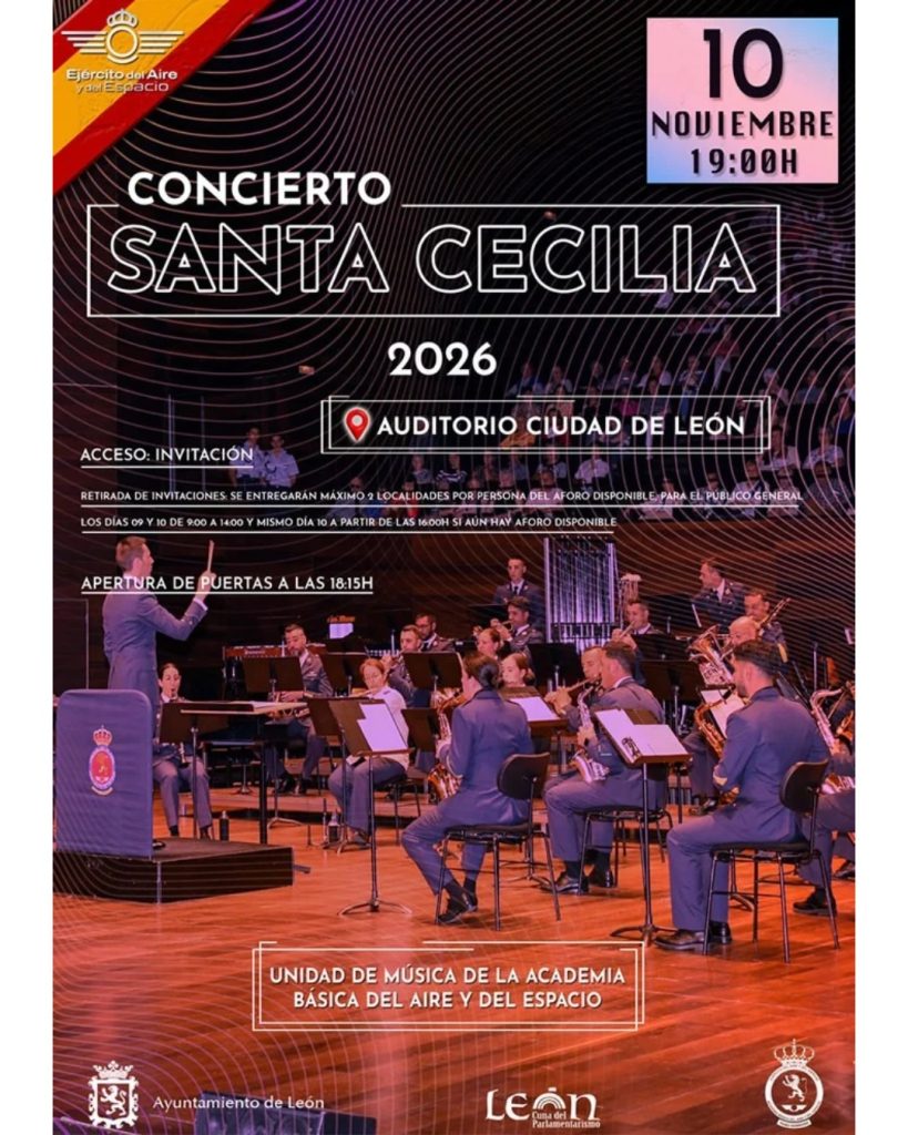 Cartel y fotografía de una orquesta actuando en directo en un auditorio para el concierto.