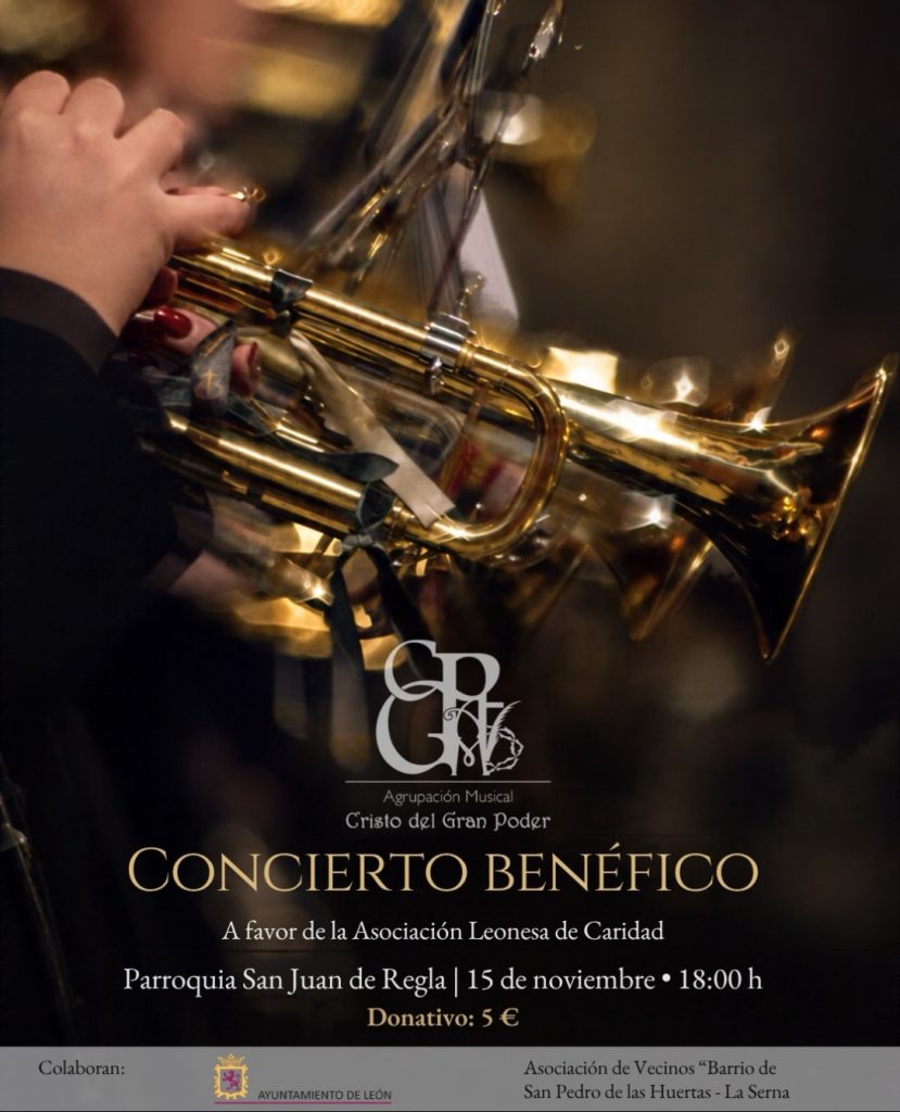 Cartel anunciador del concierto benéfico con una trompeta en primer plano y los datos del evento