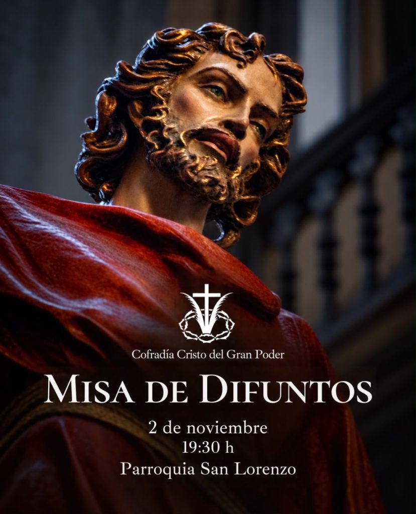 Imagen de una talla religiosa con túnica roja sobre un cartel informativo de la misa de difuntos