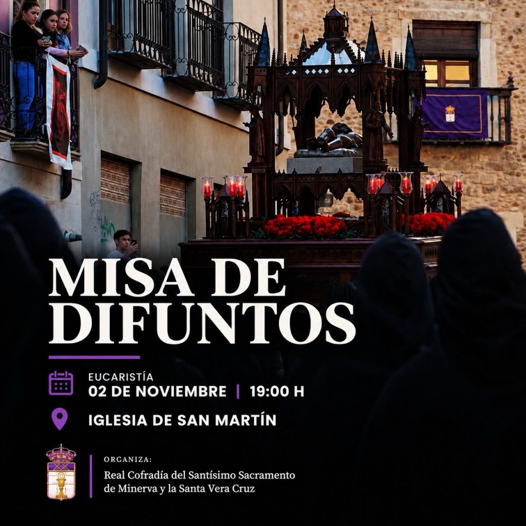 Cartel informativo sobre la misa de difuntos de la cofradía Minerva y Vera Cruz en la iglesia de San Martín.