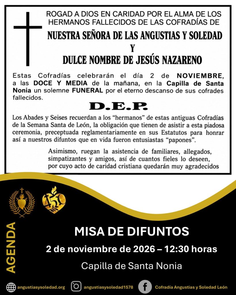 Angustias y Soledad y Jesús Nazareno celebrarán una misa por sus hermanos difuntos en Santa Nonia